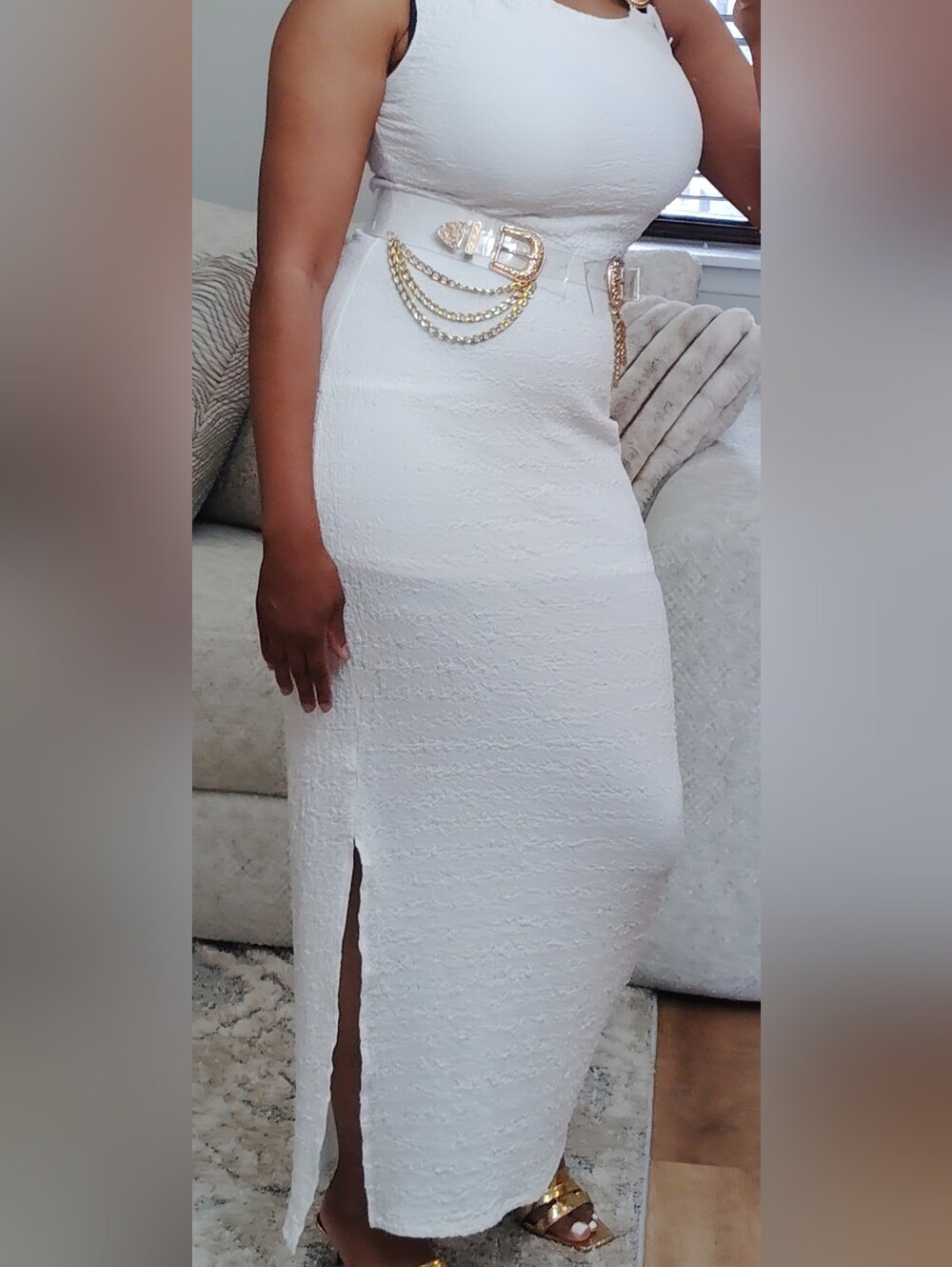 Textured White Long Dress with Gold Shell Accent On Shoulder ✨Comes W/O My Belt - Picture 5 of 5
